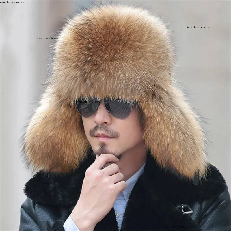 2024 Winter 100% Real sliver Fox Bomber Hat Ushaka Russian Trapper Cap Man Ski Hats Mens Raccoon Fur Caps 241014