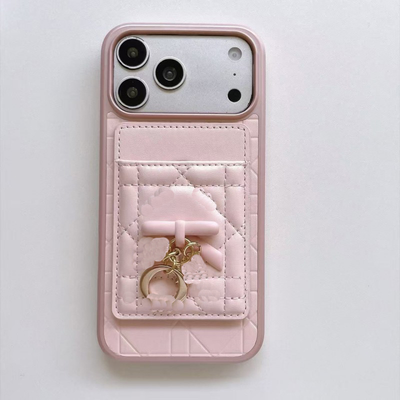 Étui de téléphone en cuir matelassé magnétique C D avec nœud MagSafe, fente pour carte, boucle à bascule, anneau doré, pendentif, coque antichoc