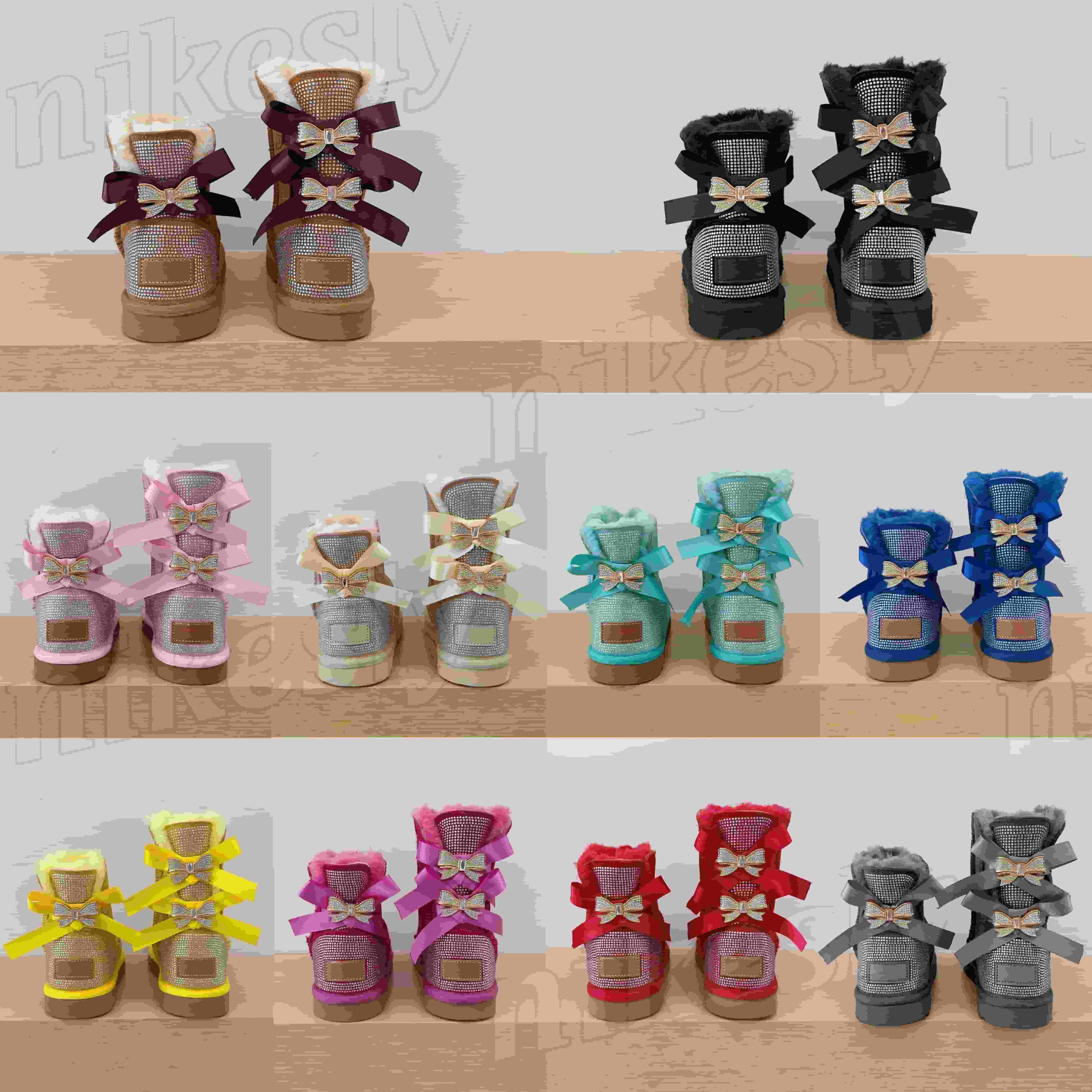 Kid Boots Women Boots Bling Crystal Bow Rhinestone Snow Boots Black Grey Pink Multi Children Girl Boy Ultra Mini Boot with Sparkly Crystal Bowtie Wi