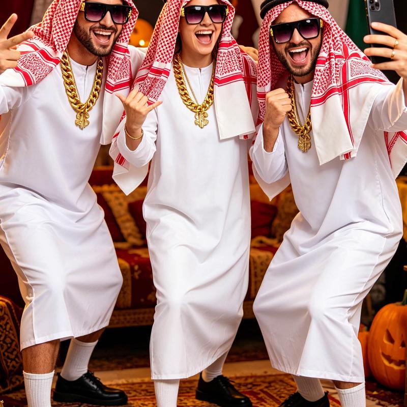 Costume de cheikh riche d'Halloween pour hommes, longue Robe arabe traditionnelle avec foulard à carreaux pour la nuit d'Halloween, événement de