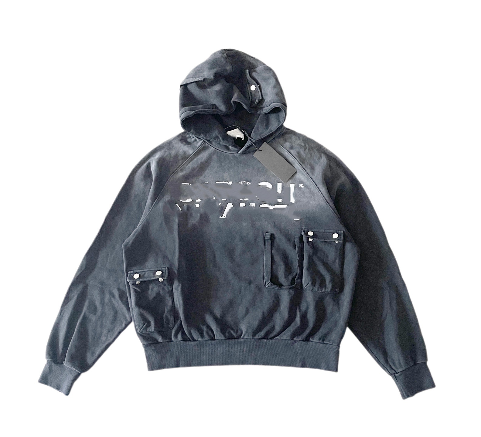 S Sweat à capuche rétro délavé multi-poches pour vêtements de travail avec épaules amples pour un style urbain.