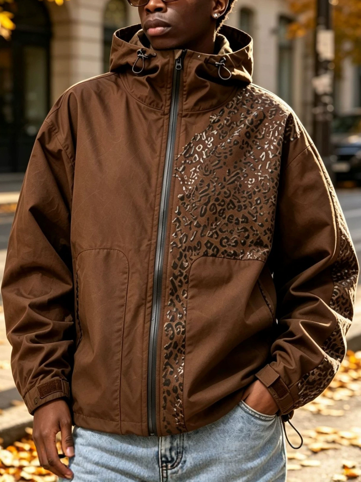 Men's Jacket That Changes Fashion Color When Exposed To Water Suitable Outdoor Activities Featuring Leopard Print Design Winter Casual Outerwea
