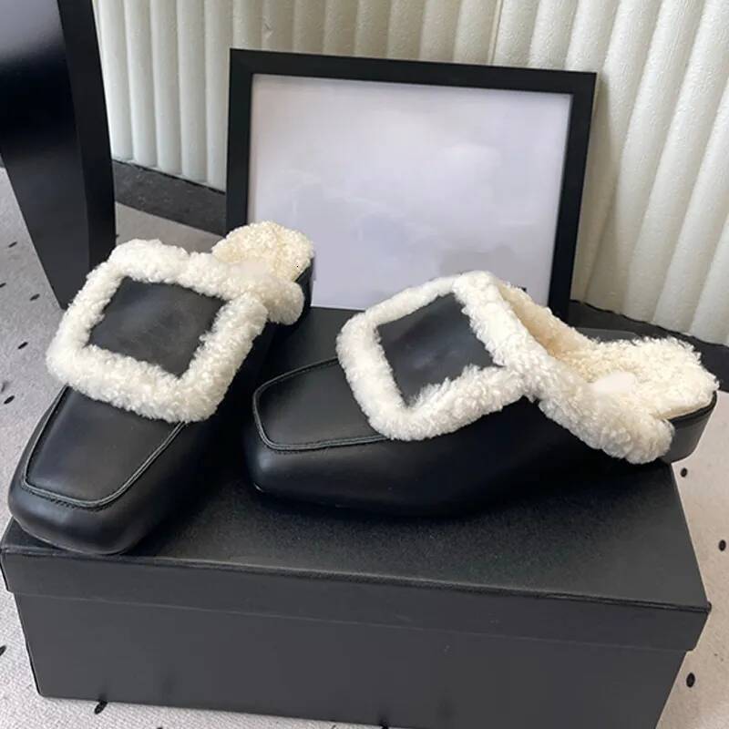 Designer Luxury Shoe Womens Winter Mule Slide Fur Lined Slipper Loafer Cozy Slip On Square Toe Casual House Outdoor Plush Warm Buckle Backless Indoo