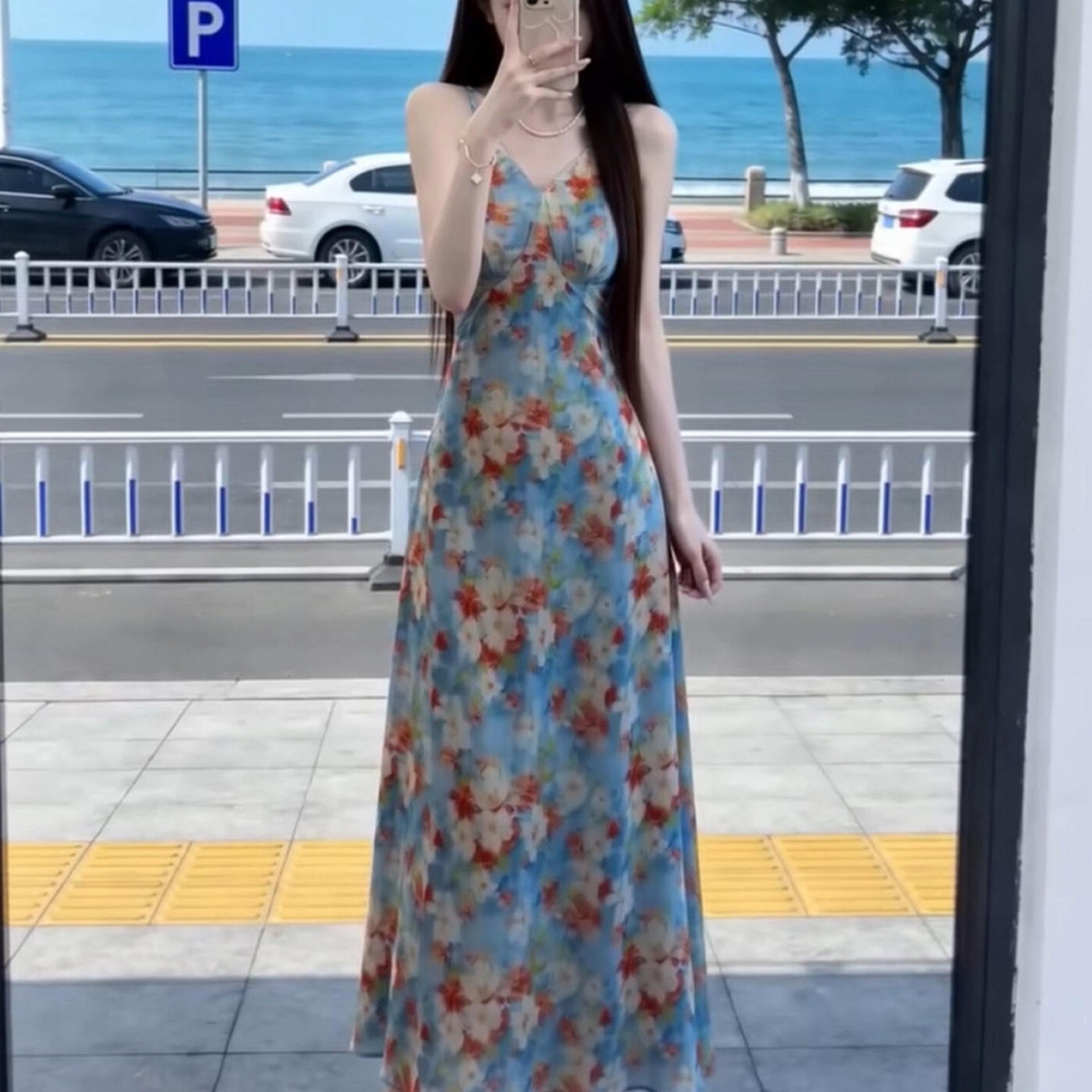M0851 French blue floral suspender dress children's summer new seaside vacation wear beautiful waist skirt