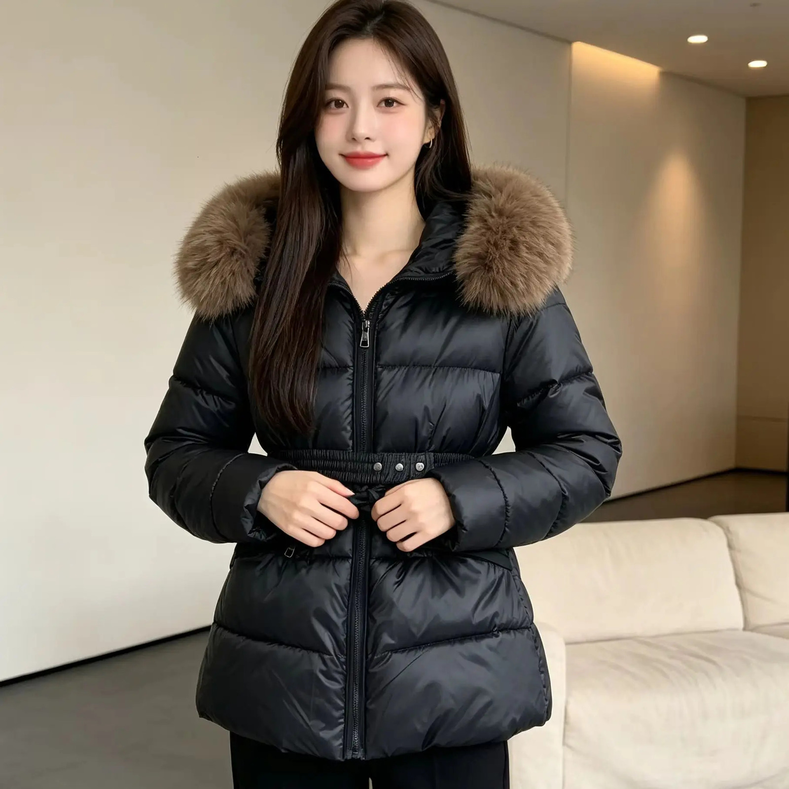Moonclear Puffer Jackets Women Winter Faux Fur Hood Waist Tighten Puffer Jacket Waist-Nipping Slimming Drawstring Warm Moncleylyness Padded Parka Ou
