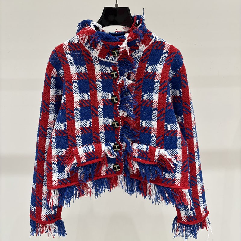 Veste de luxe courte et élégante pour femmes, garniture à franges à carreaux, manteaux Vintage en Tweed, hiver, automne, vacances, Style de rue,