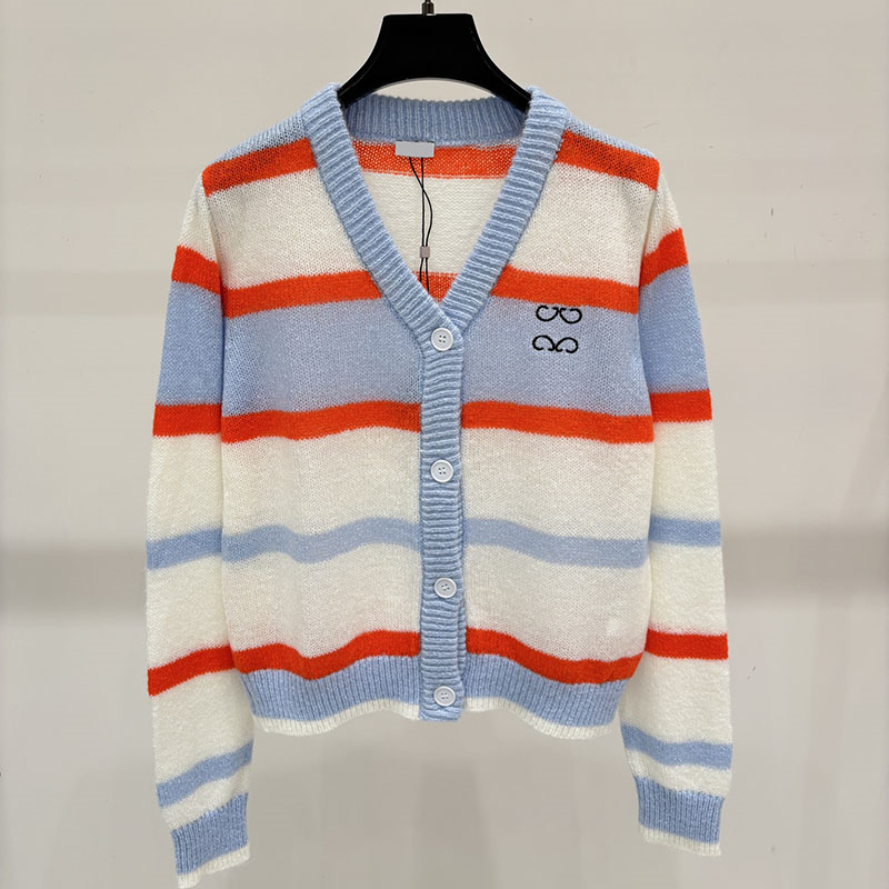 Striped Color Blocked Cardigan Women Preppy Style V Neck Ribbed Campus Thick Stretchy Sweater Coat Autumn Casual Dopamine Pullover