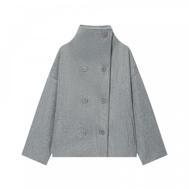 Manteau court à manches longues pour femme, épaules tombantes, col haut, boutons à double boutonnage, design simple et propre, poches plaquées la