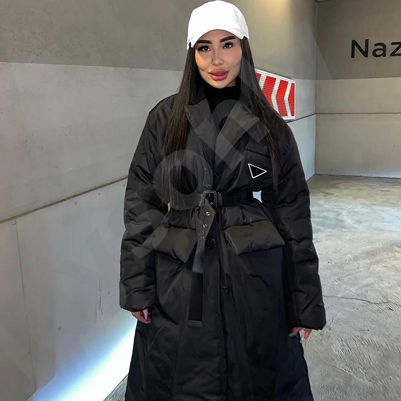 Women Long Lapel Cotton Puffer Coat With Waist Belt Mid Calf Solid Black Loose Thick Warm Winter Outerwear-12 Turn Down Collar Long Sleeve Coats For