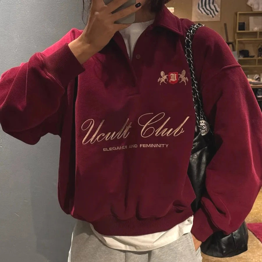Classic Half Open POLO Neck Sweatshirts French Women Fashion Wine Red Retro Letter Printing Pullover Tops Autumn Winter Casual 260923