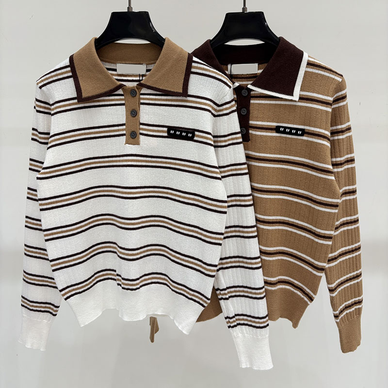 Striped Lapel Neck Sweater Preppy Korean Students Slim Sweater Sweatshirts For Women Designer Casual Letter Sweater Tops