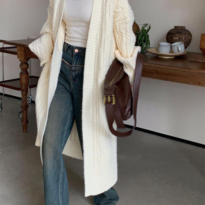 Designer Bestseller Women Long Cable Knit Cardigan Sweater Over Knee Loose Lazy Vintage Thick Warm Autumn Winter V Neck Long Sleeve Outerwear