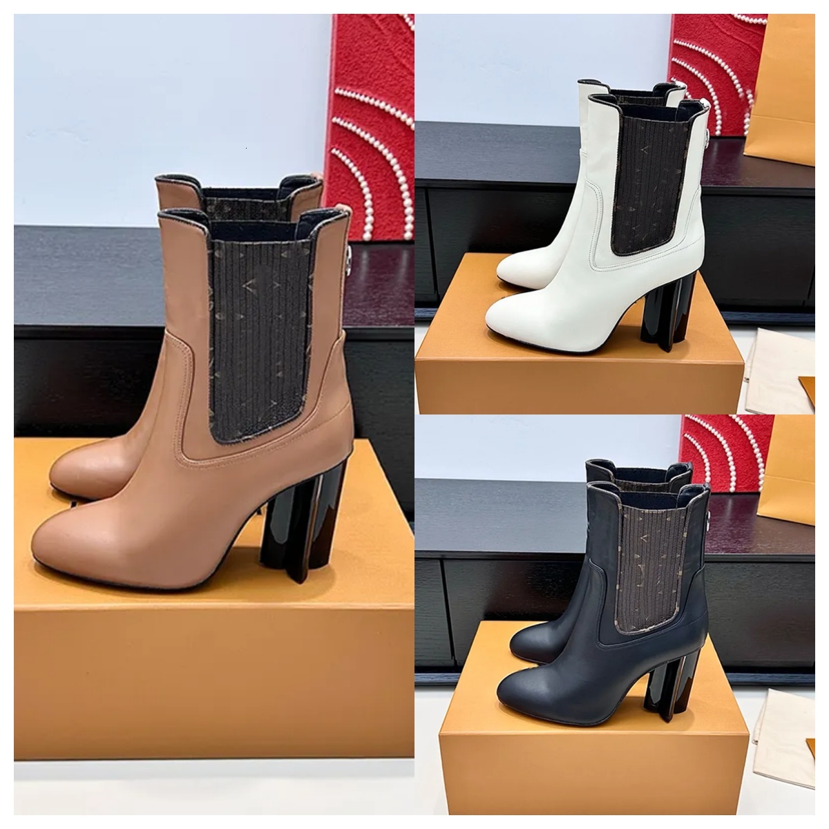 Designer Luxury Shoe Short Boot Pull On Elastic Gore Block Heel Women Leather Winter Street Dress Fashion Elegant Chelsea Bootie Side Panel Classic