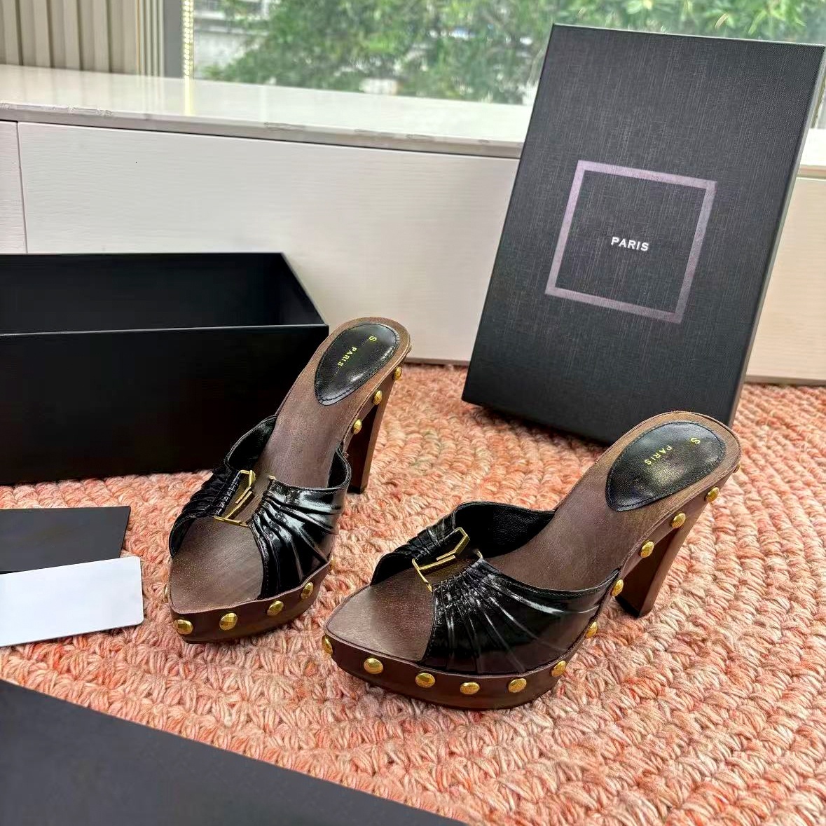 luxury Designer Dress thick Shoes sandal Wood slide slippers 10A Platform Summer Metal Studs Party High Heel Leopard Rose women Suede Leather heel s