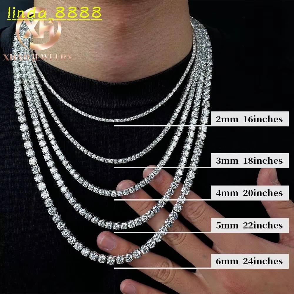 RTS VVS Moissanite Tennis Necklace Iced Out S925 Sterling Silver 3-6.5mm Hip Hop Pass Diamond Tester GRA Certified Small MOQ