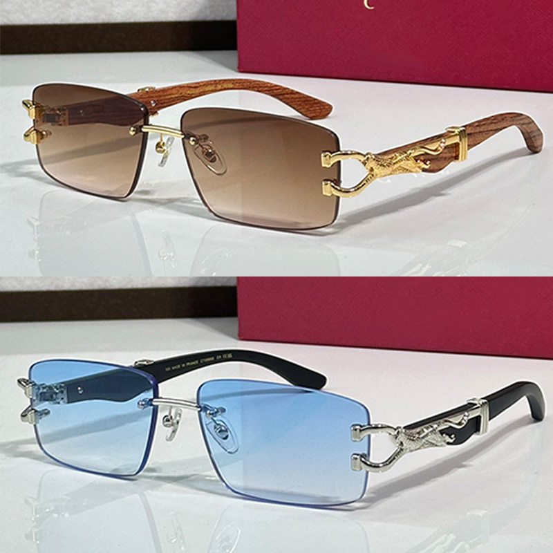 Lunettes de soleil rectangulaires sans cadre CT0998S Hommes Femmes Verres marron Panthère en métal personnalisé Jambes en bois Été Extérieur Quot