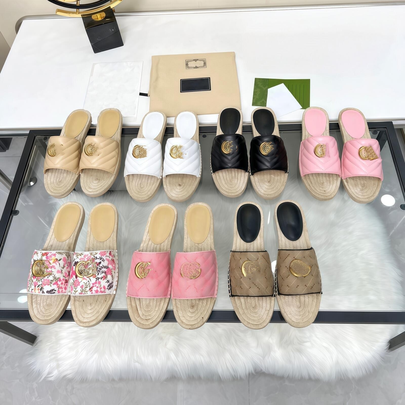 Women Quilted Stitch Leather Espadrille Slides Sandals Jute Straw Sole Open Toe Casual Summer Beach Charming Designer Luxury 10A High Quality Fashio