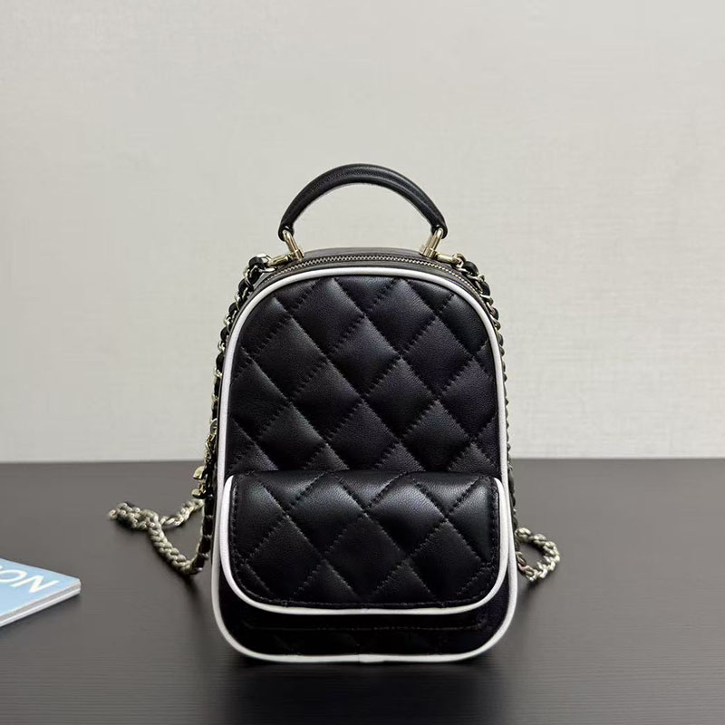 Women Diamond Quilted Leather Mini Backpack with White Piping Trim Chain Strap Small Backpack Purse Top Handle Silver Hardware Ladies Daily Bag Chai