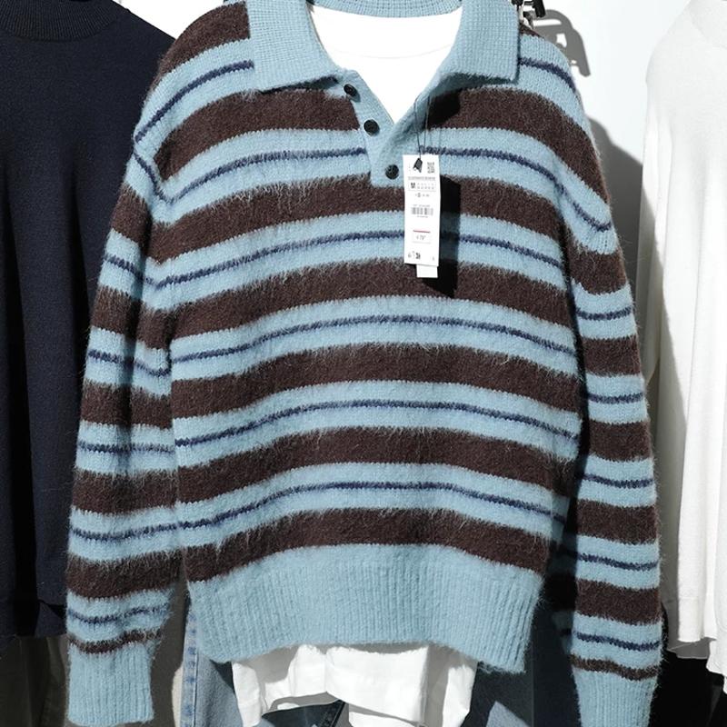 Designer Best-seller hommes hiver rayé col à revers pull en tricot décontracté pull ample à manches longues ourlet côtelé bleu d'eau