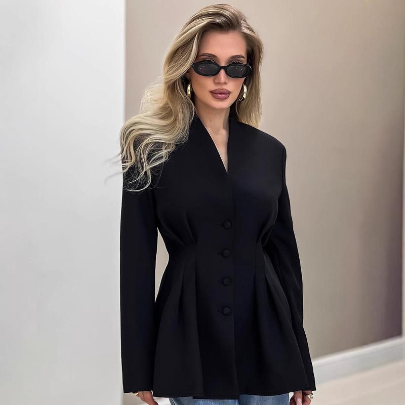 Veste de costume pour femme sans revers, taille ajustée, manches longues, épaule rembourrée, fermeture à bouton sur le devant, taille plissée, po