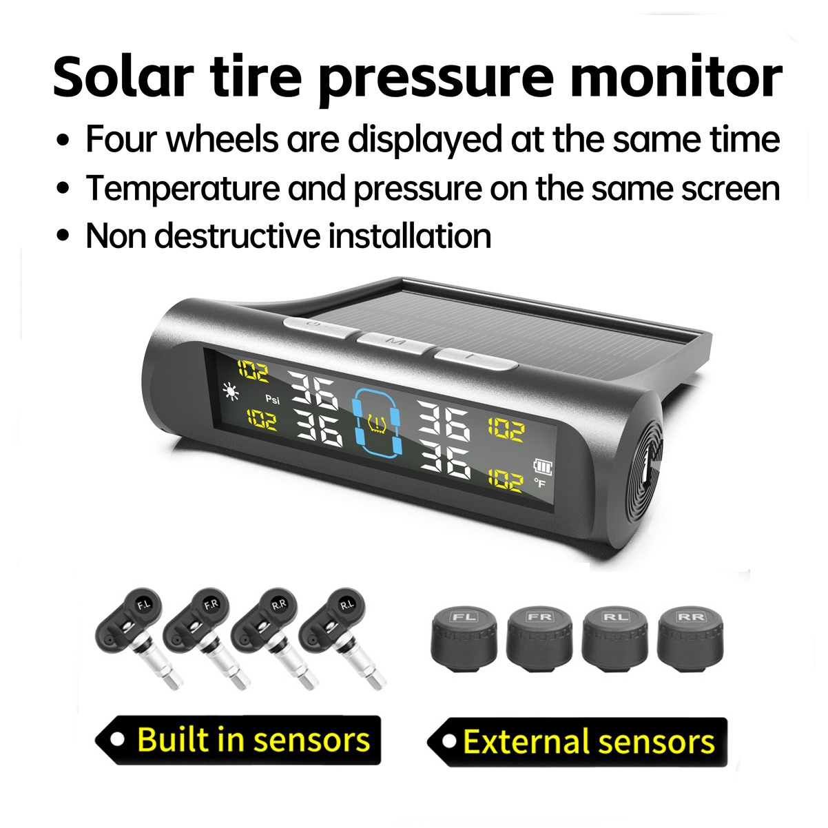Écran LCD numérique TPMS - Moniteur de pression des pneus de voiture intelligent avec capacité de conversion d'énergie solaire et alerte de sécur