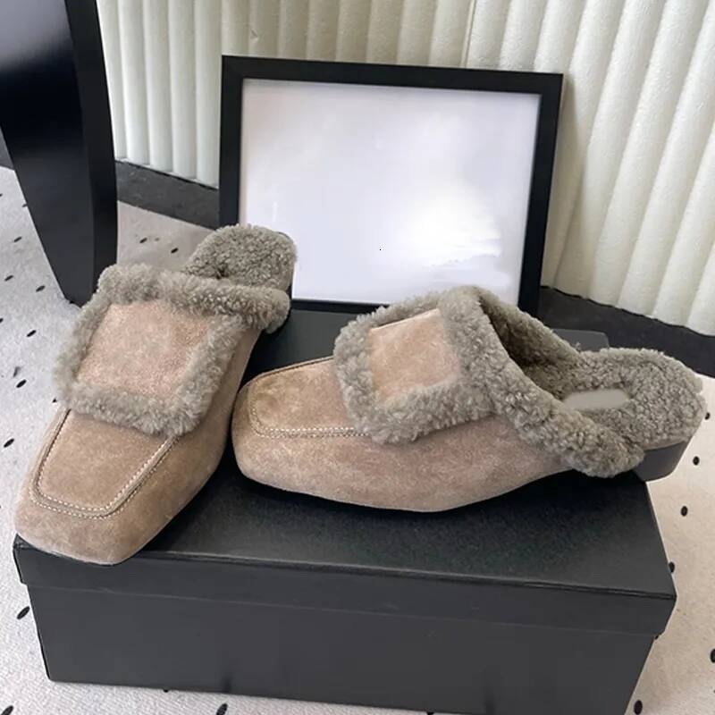 Designer Luxury Shoe Shearling Slipper Mule Women Loafer Slide Closed Toe Winter Warm Slip On Casual Indoor Outdoor Plush Flat Buckle Backless Cozy