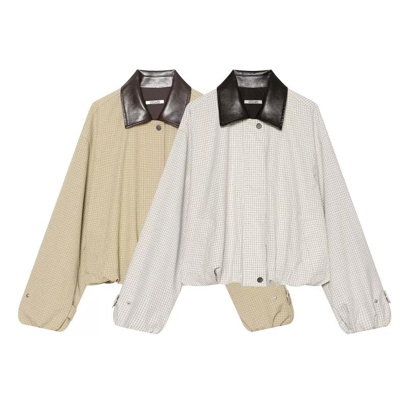 Women Grid Print Cropped Jacket Faux Leather Contrast Collar Snap Button Drawstring Hem Lantern Long Sleeve Loose Casual Outerwear