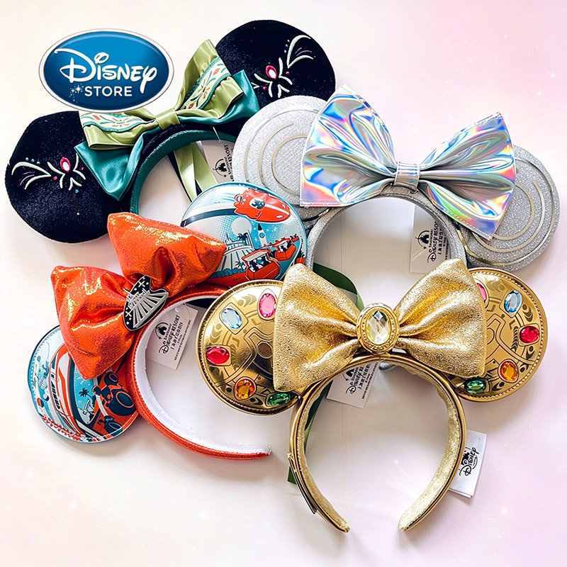 Original Disney Mickey Ears Headband Shanghai Disneyland Minnie Leather Headband Princess Belle Hairband Sequin Bow Party Hair Accessories