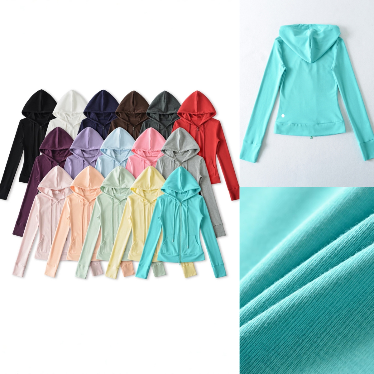L6625 Sweat à capuche de yoga léger et ajusté pour femme avec cordon de serrage Cardigan polyvalent à fermeture éclair de couleur unie