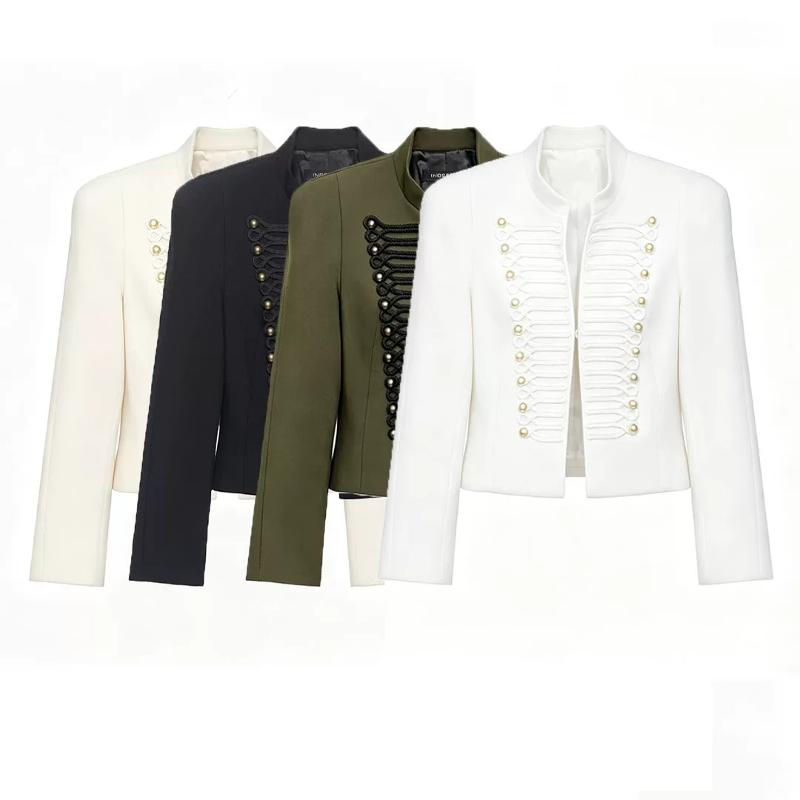 Veste courte à col montant pour femmes, manches longues, boutons dorés décoratifs, sangle tressée, détails élégants, vêtements d'extérieur courts