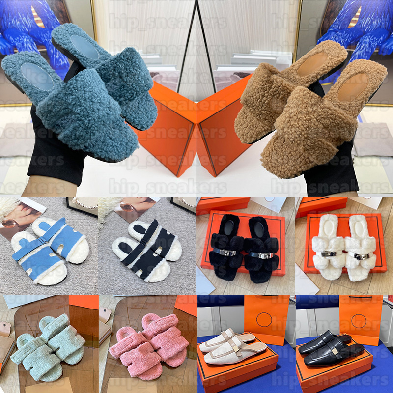 Free shipping designer fur slides sandals for women top quality winter fashion leather and rubber flats slippers navy blue white black brown size 34