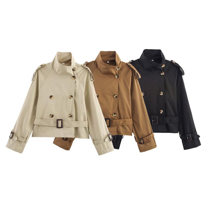 Trench-Coat court pour femmes, col à revers, Double boutonnage, coupe-vent court avec ceinture à la taille, épaulette, manches longues, vêtements
