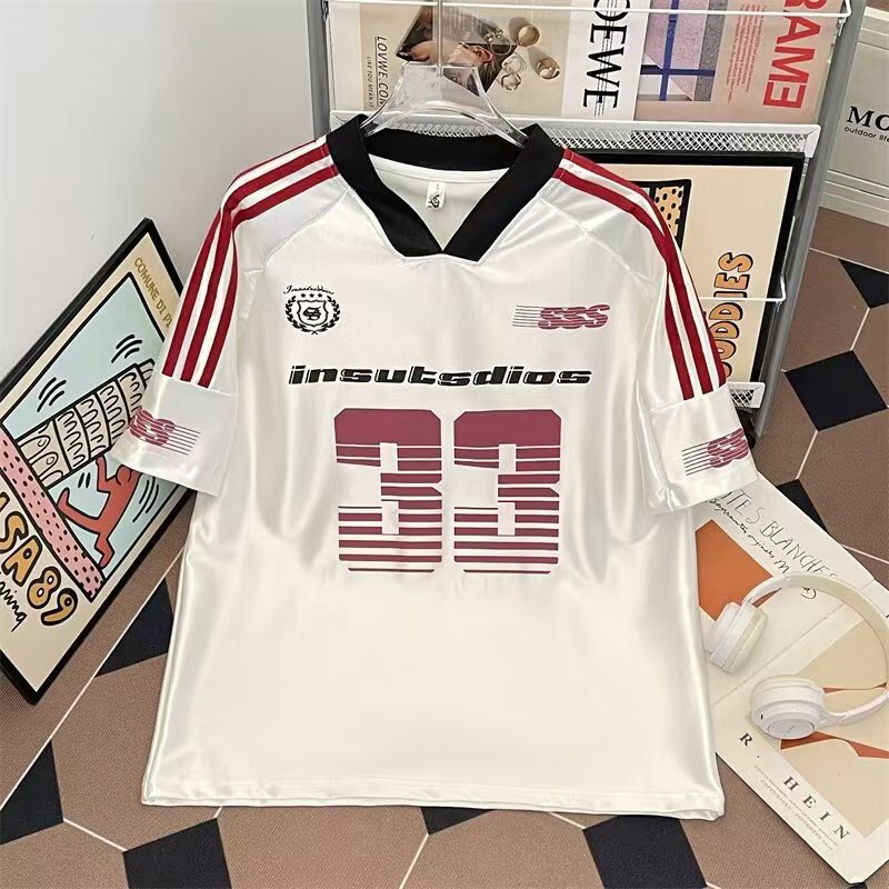 Men's 33 Number Soccer Jersey T Shirt, White Stripe Short Sleeve V Neck Vintage Sports Tee