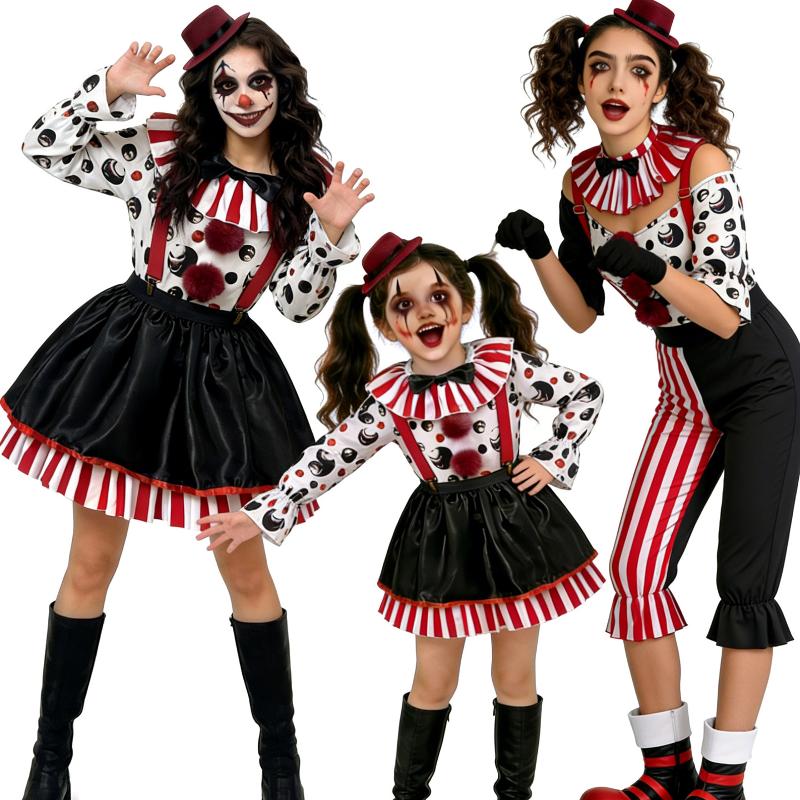 Costume assorti de famille de Clown d'horreur d'halloween, combinaison de robe de Clown effrayant rayé à pois pour le Cosplay de carnaval