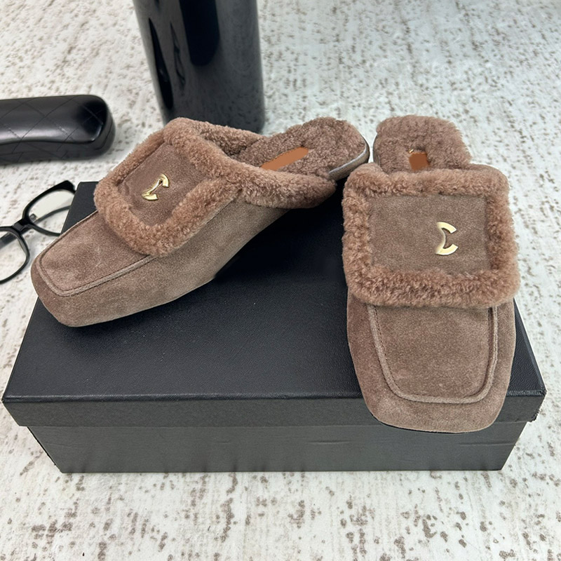 Ladies Elegant Fleece Semi Slipper Loafers High Quality Suede Flat Shoes Metal Buckle Autumn Winter Casual Formal Shoes Daily Wearing Style Shoe