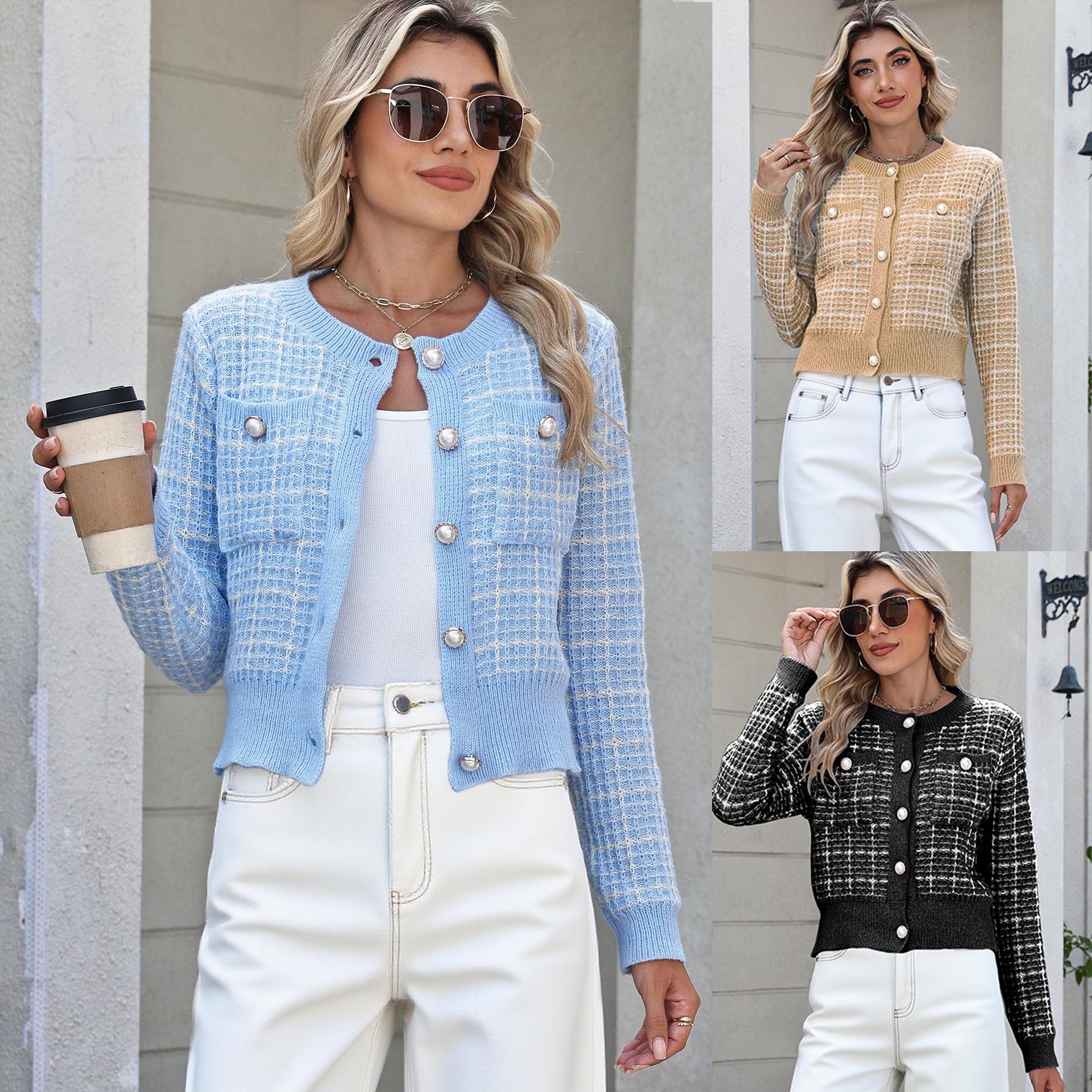 Women Round Neck Plaid Knitted Cardigan Pearl Button Long Sleeve Tweed Texture Cropped Sweater Coat Elegant Lady Outerwear For Spring And Autumn