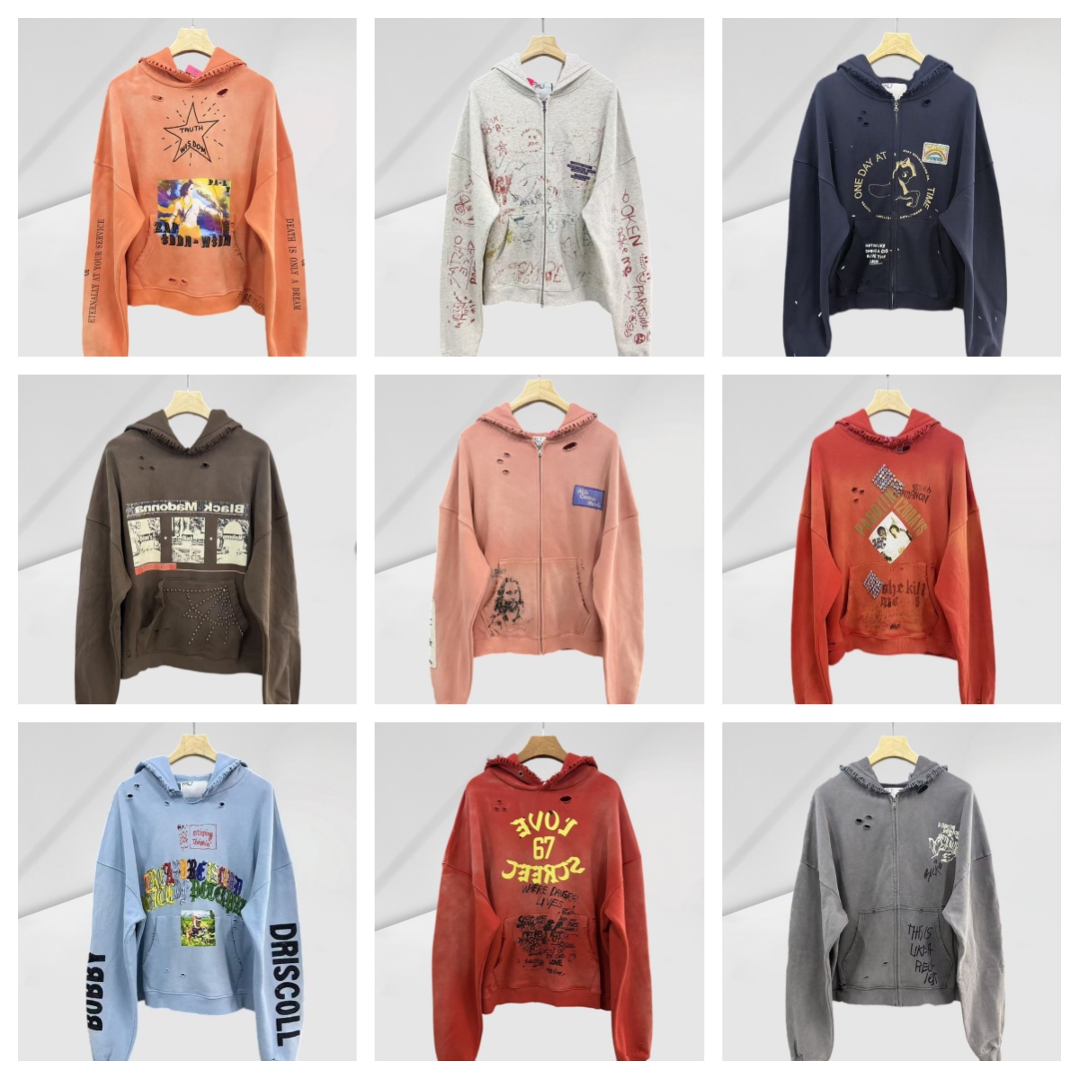 Designer Mens Hoodies High Street Retro Hole Graphic Printed Cotton Hooded Sweatshirt Mens Womens Streetwear Casual Loose Wash to Make Old Zipper Ca