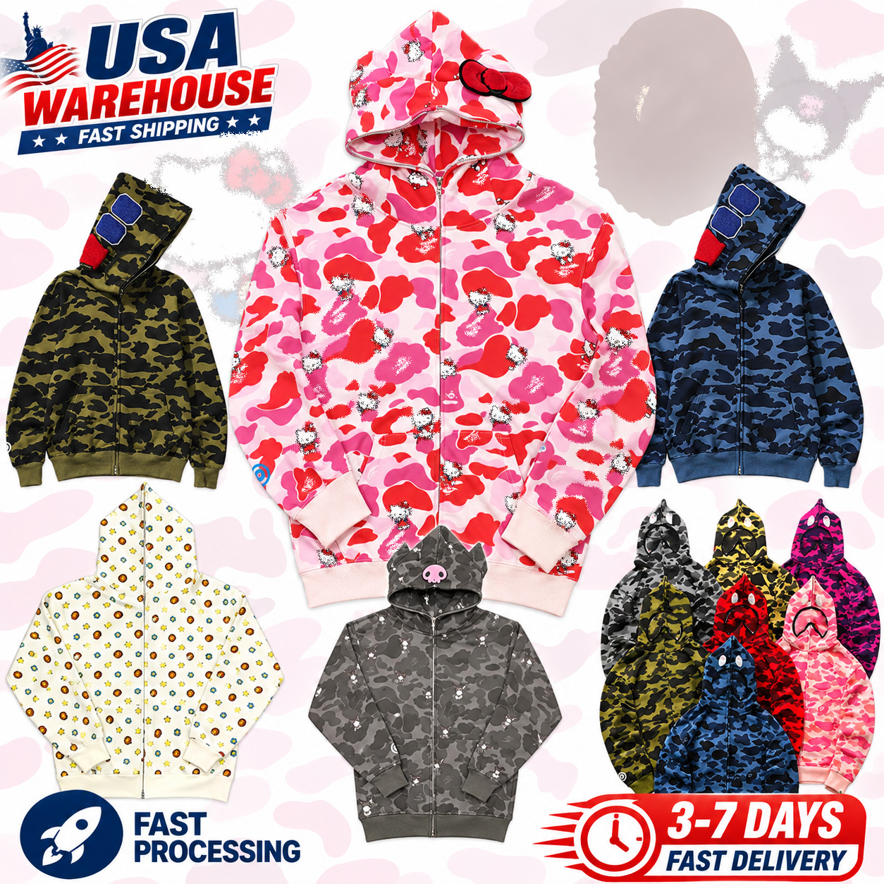 Bap Mens Designer Hoody Shark A Bathing Ape Hoodie Full Zip Up Sharks Hoodies for Men Camouflage Jacket Hoody Hooded Casual Streetwear Fashion Cloth