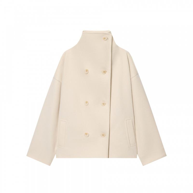 Ladies High Neck Double Breasted Short Outer Jacket Long Sleeve Relaxed Silhouette Patch Pockets Soft Thick Fabric Daily Wear Coat
