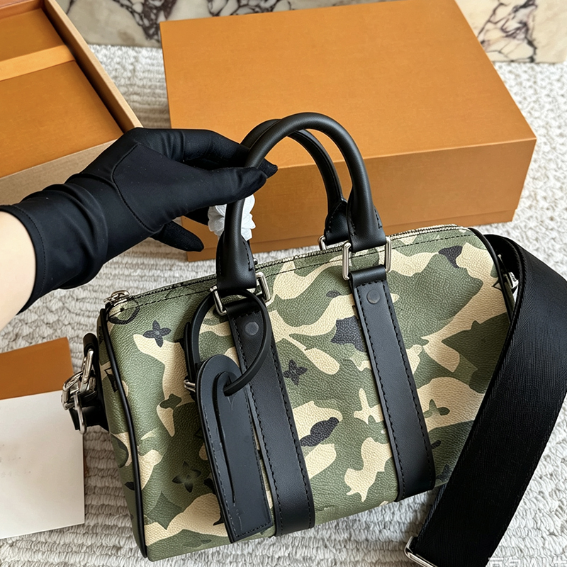 Camouflage Print Mini Boston designer Duffle Bag army green high quality 25cm leather Handbag Small keep all totes embroidery Wide Shoulder Strap cr