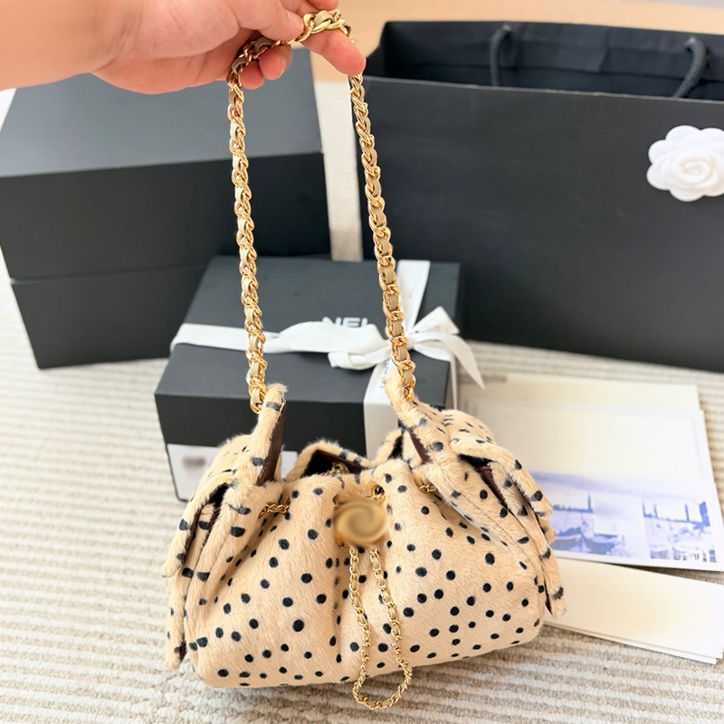 Designer Ladies Leopard Print Fur Bag Diamond Grid Chain Mini Bucket Bag Large Capacity Underarm Tote Bag Chain Bar Single Shoulder Drawstring Ba