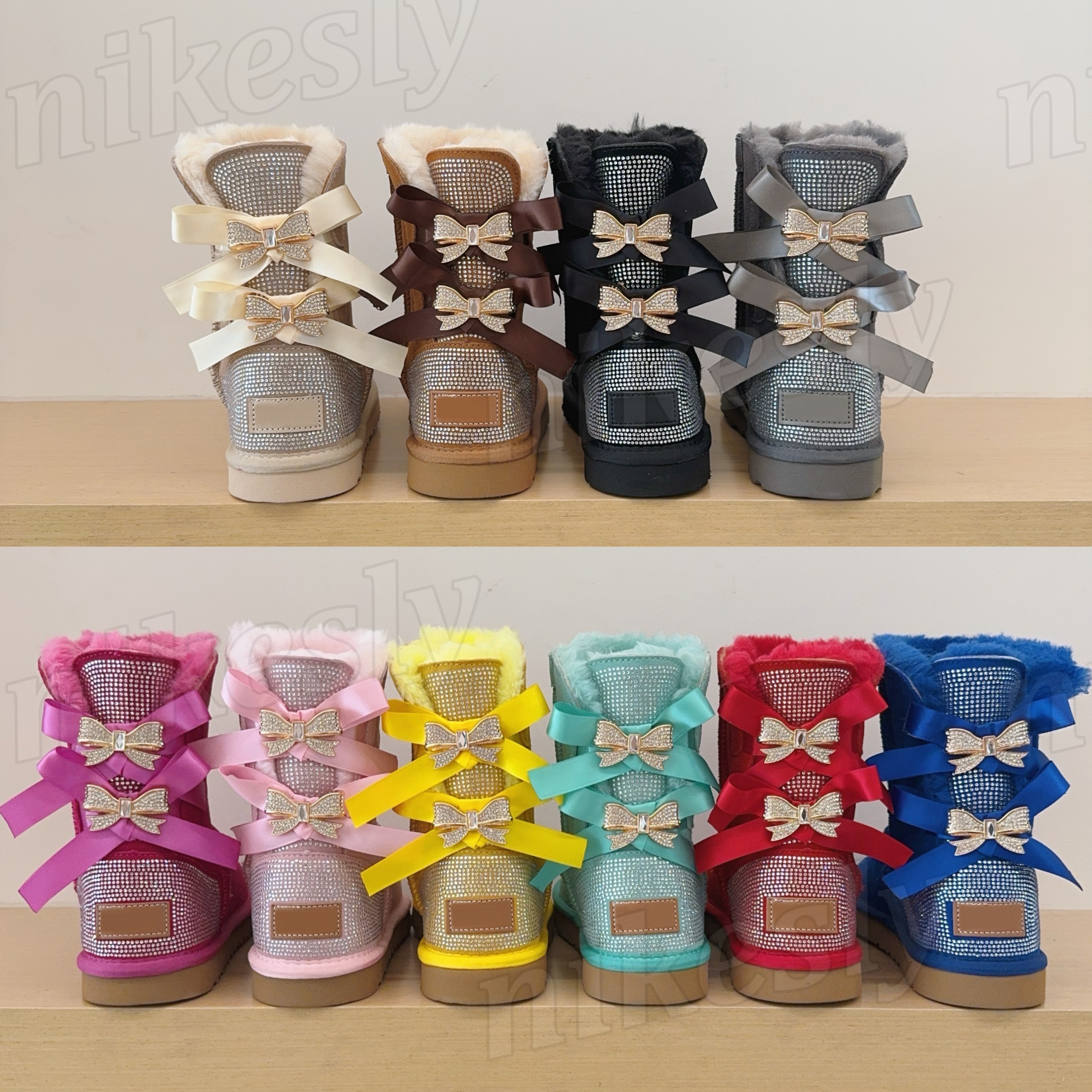 Kids Boot Women Boot Children Boy Girl Boot Double Bow Bling Crystal Rhinestone Snow Boot Full Diamond Baby Boot Pink Chestnut Beige Sparkling Kid B