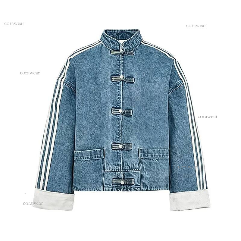 adidalies jacket Women's Chinese Style Denim Jacket Outfit Fashion Buttons Stand Collar Striped Coat Pant 2 Piece Loose Casual Vintage Jean adi