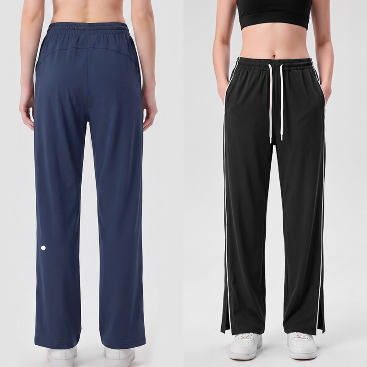 L6636 Pantalon large fluide à ourlet fendu Pantalon athlétique décontracté à poches droites Pantalon d'entraînement ample amincissant Pantalon de