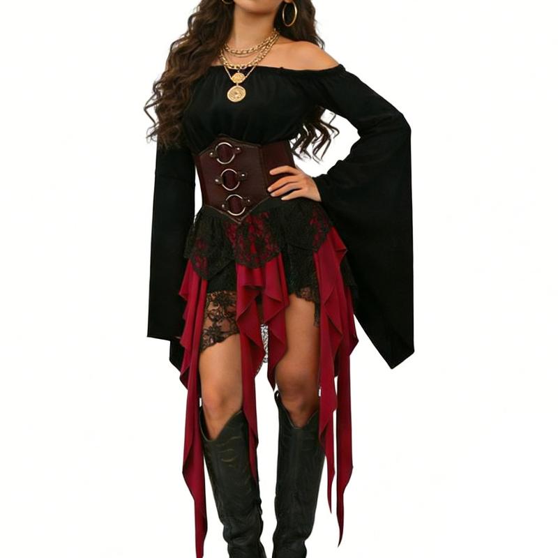 Halloween Women Pirate Costume Off Shoulder Long Flare Sleeve Top Irregular Layered Skirt With Wide Corset Belt For Cosplay Themed Party