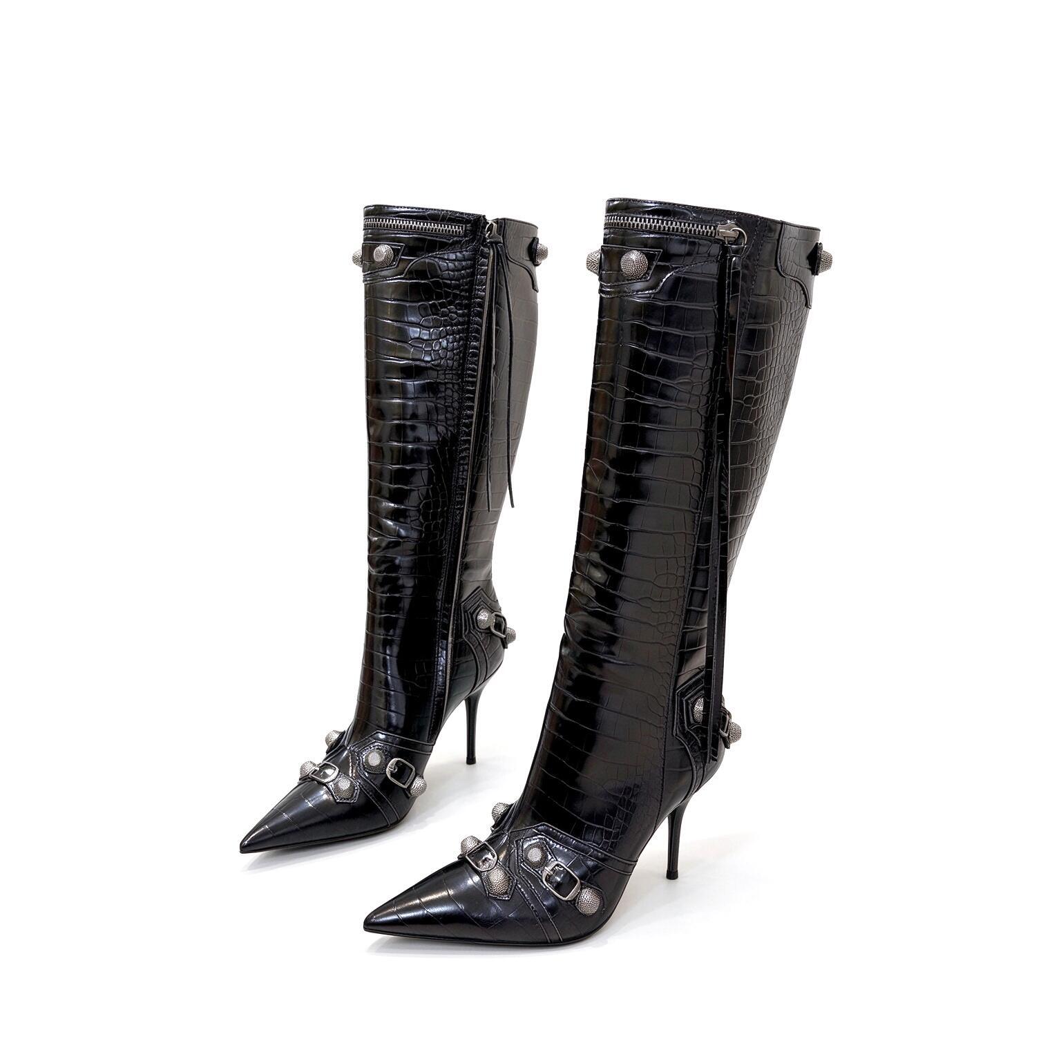 Top quality Cagole Thigh High Boots Fashion Women dress shoe Mid calf boots Designer Motorcycle Ankle Boots Zipper Rivet luxury Stiletto Heel Outdoo