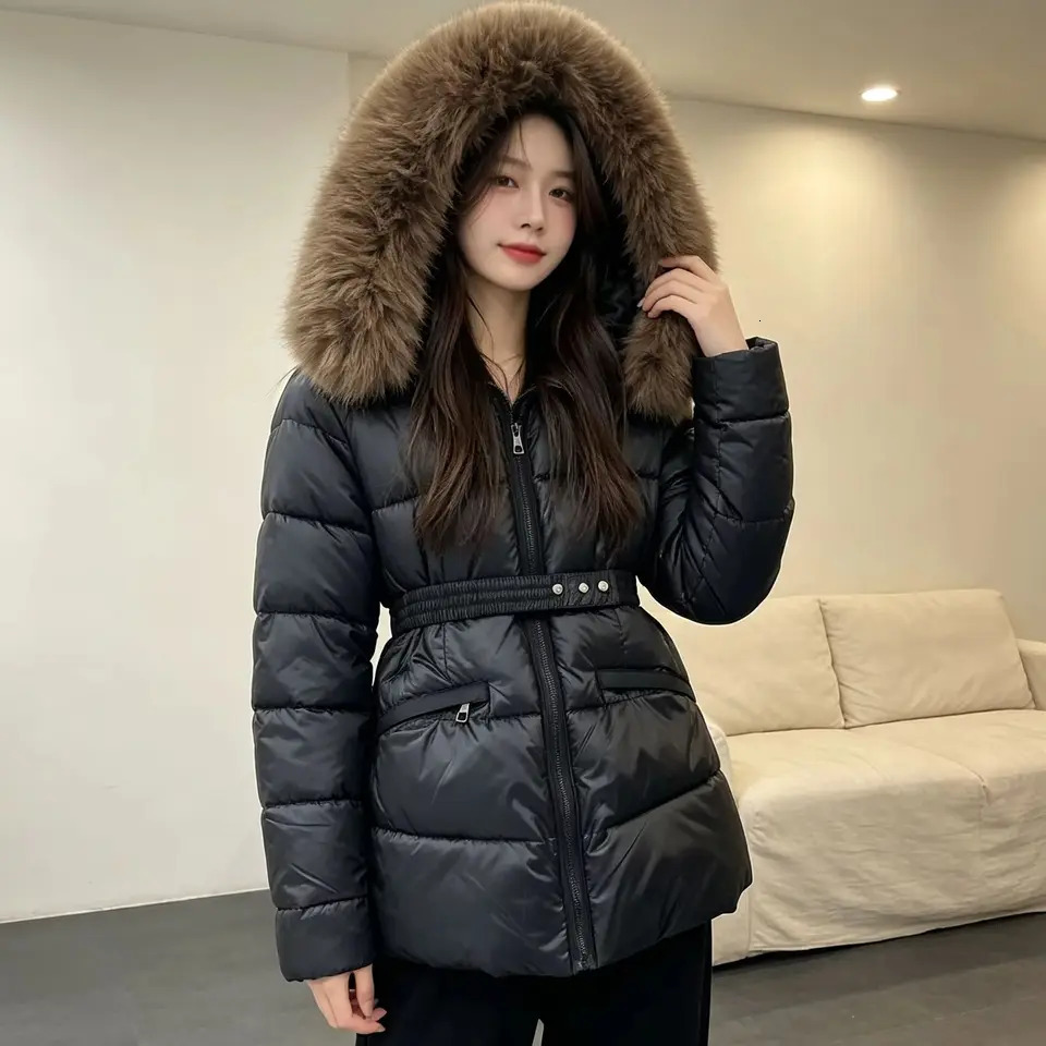 Moonclear Puffer Jackets Women Winter Faux Fur Hood Waist Tighten Puffer Jacket Waist-Nipping Slimming Drawstring Warm Moncleylyness Padded Parka Ou