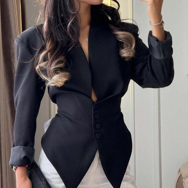 Veste de costume plongeante ouverte sur le devant pour femme, manches longues, épaules structurées, fermeture à boutons latéraux, taille ajustée,