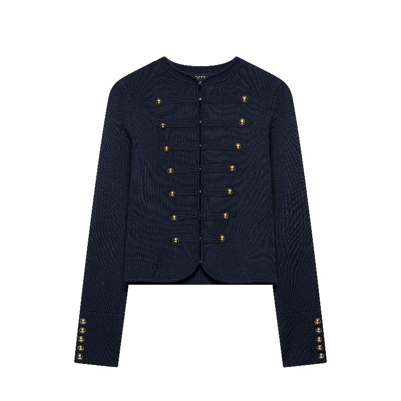 Veste élégante en tricot bleu foncé pour femmes, vêtements d'extérieur courts, col rond, plusieurs rangées de boutons dorés, coupe Slim, manches