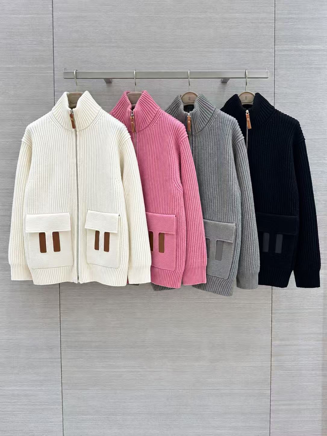 Luxury designer womens cardigan sweatshirt autumn and winter high neck solid color knitted sweater H-shaped pocket trendy casual stand up collar top